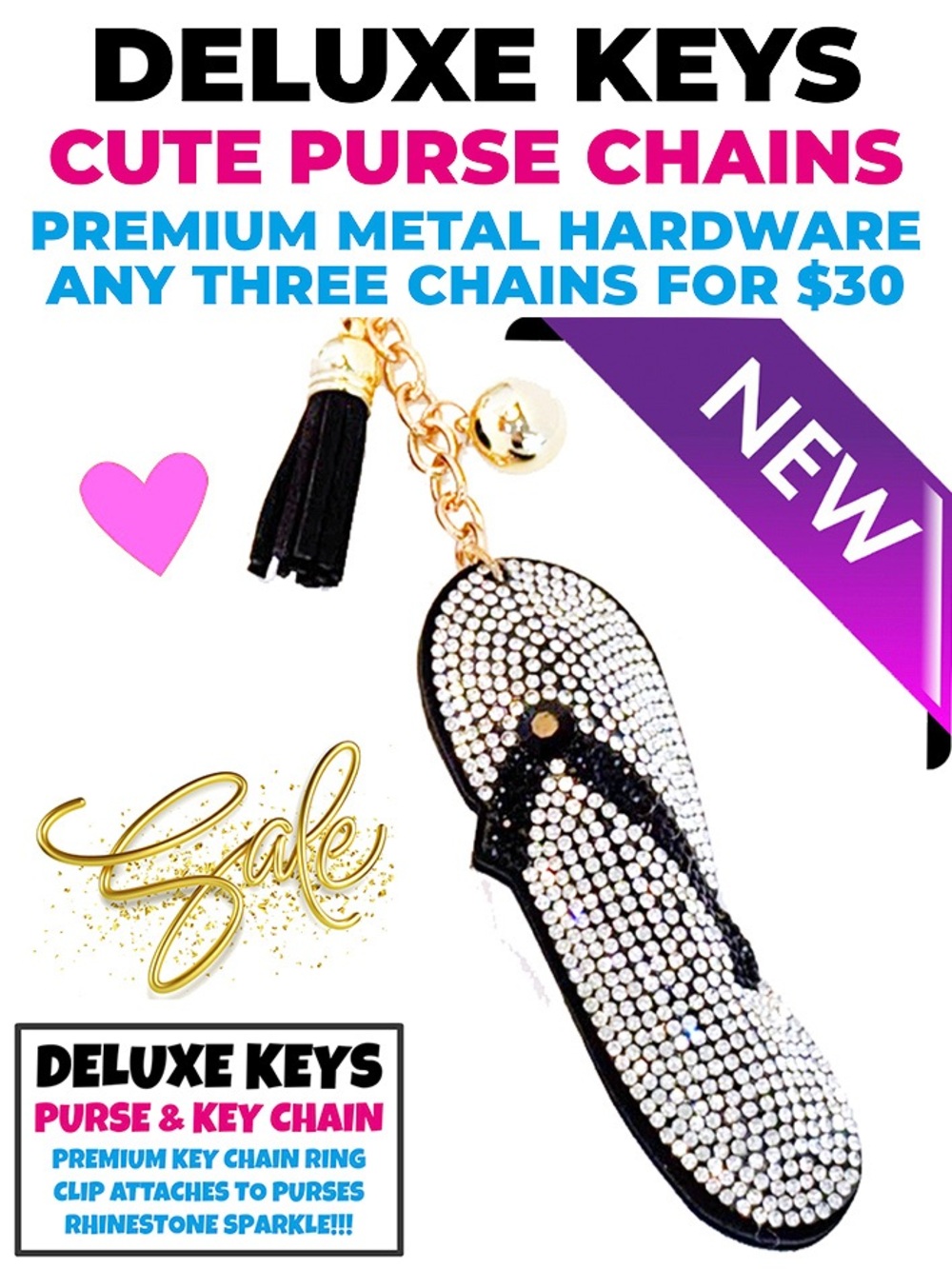 DeLuxe Keys Rhinestone Keychain/Purse Chain BLACK FLIP FLOP